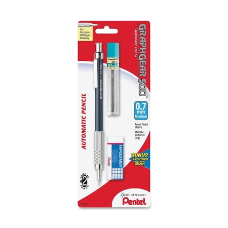 Pentel GraphGear 500 Automatic Drafting Pencil, 0.7mm, Blue Barrel, Lead and Mini Eraser (PG527LEBP)