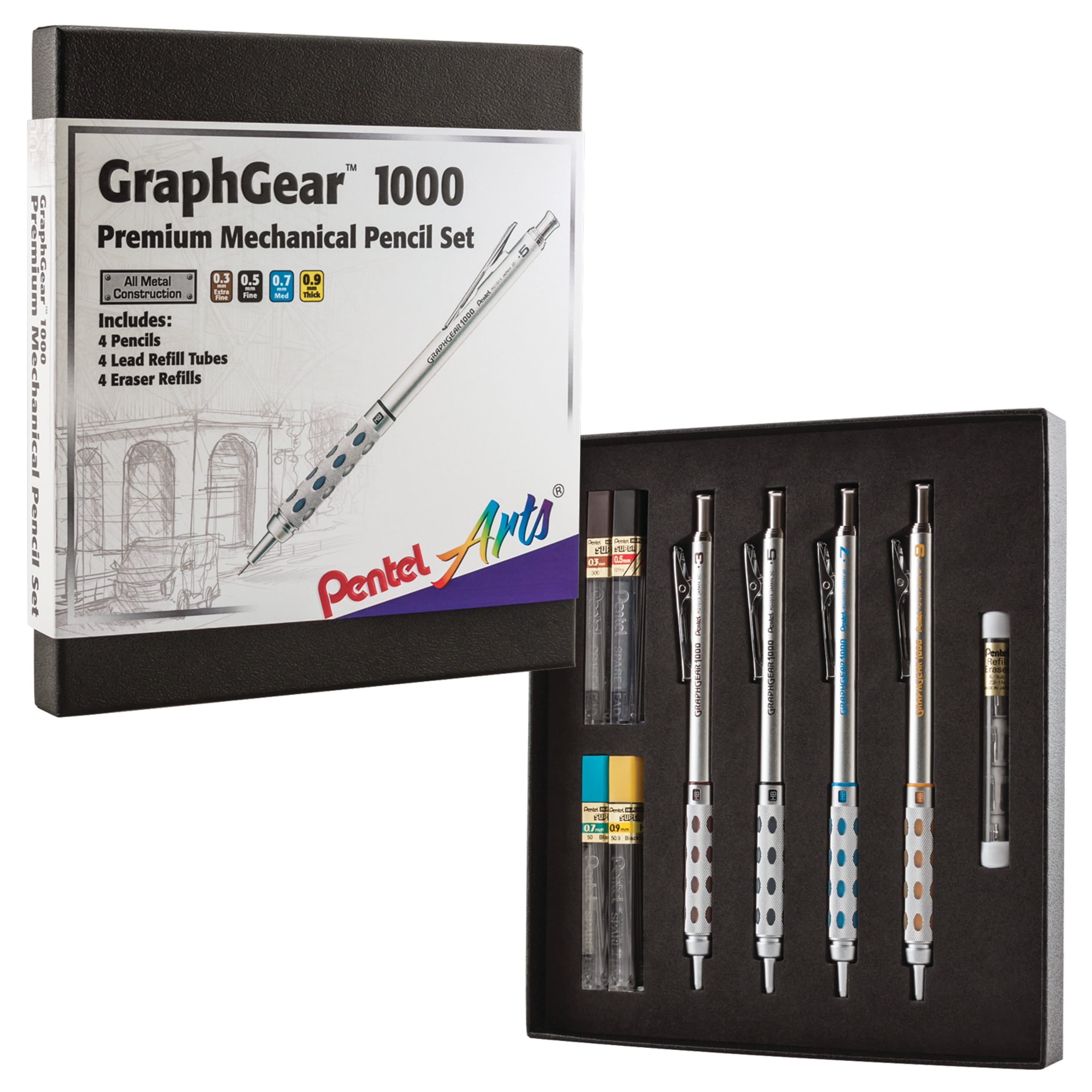 Pentel GraphGear 1000 Automatic Drafting Pencil Gift Set, 0.3mm, 0.5mm,  0.7mm, 0.9mm Leads, Refill Erasers