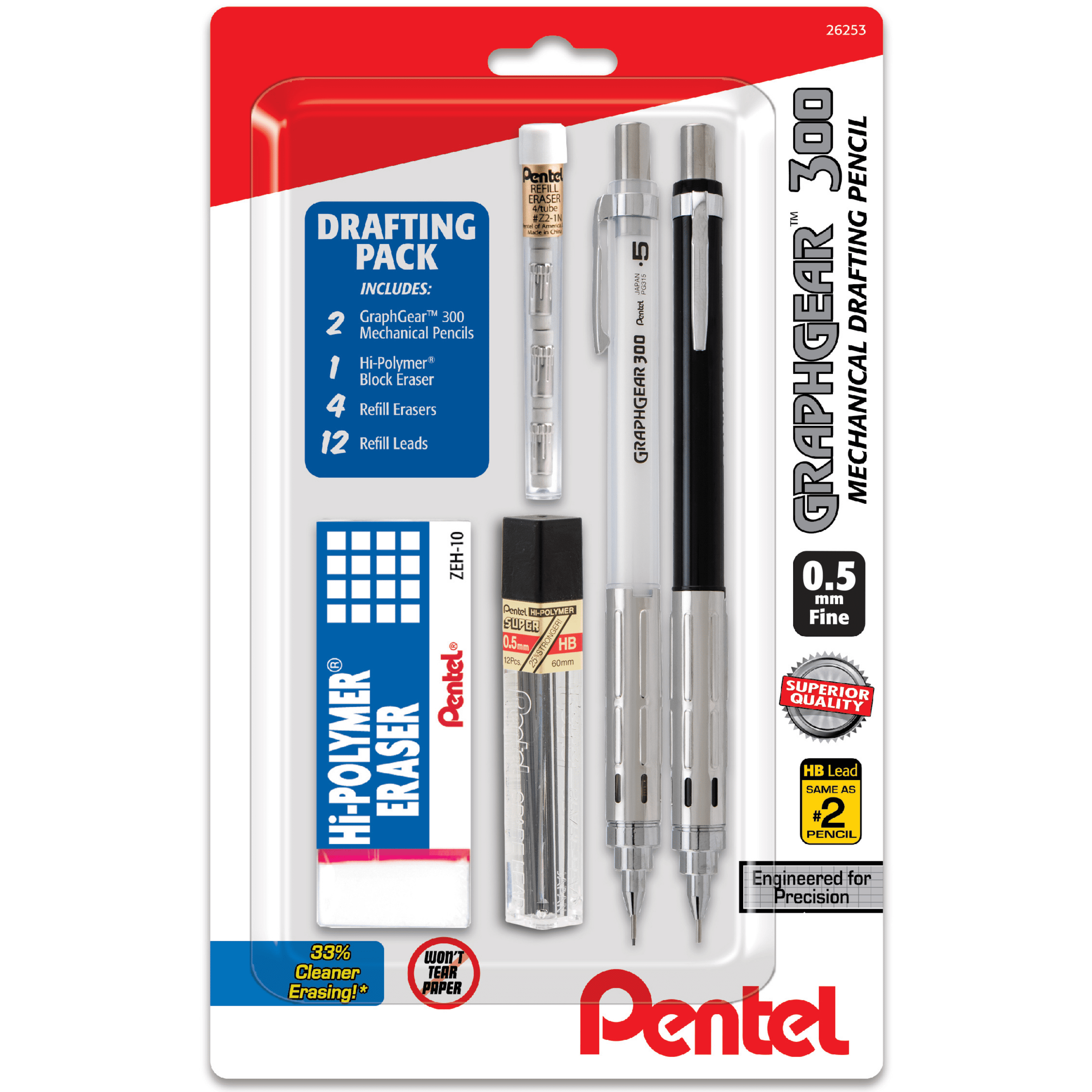 Pentel Graphgear 300 Mechanical Pencils with Eraser and Refills, 0.5mm, HB lead, 2 count