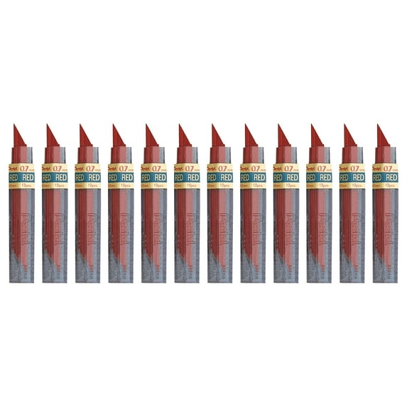 Pentel HB Super Hi-Polymer Leads, 0.7mm, Red, 12 Per Tube, 12 Tubes