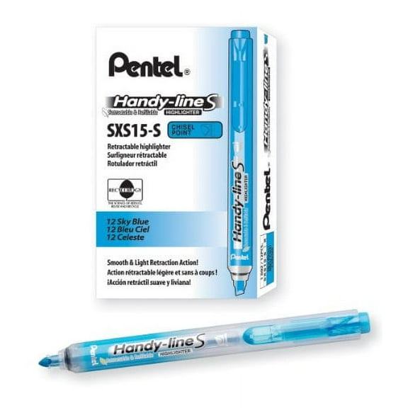 Pentel Handy-Line S Retractable and Refillable Chisel Tip Highlighter, Sky Blue Ink, Box of 12 (SXS15-S)