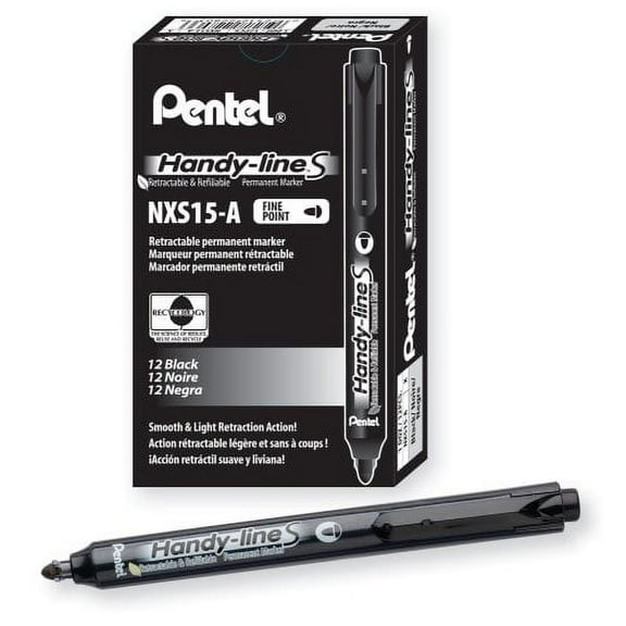 Pentel Handy-line S Retractable and Refillable Permanent Marker, Chisel Tip, Black Barrel, Black Ink, Box of 12 (NXS15-A)