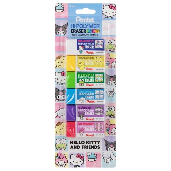 Pentel Hi-Polymer Block Eraser Colors, Hello Kitty and Friends, Limited Edition, Small Block, Assorted Colors, 6-Pk