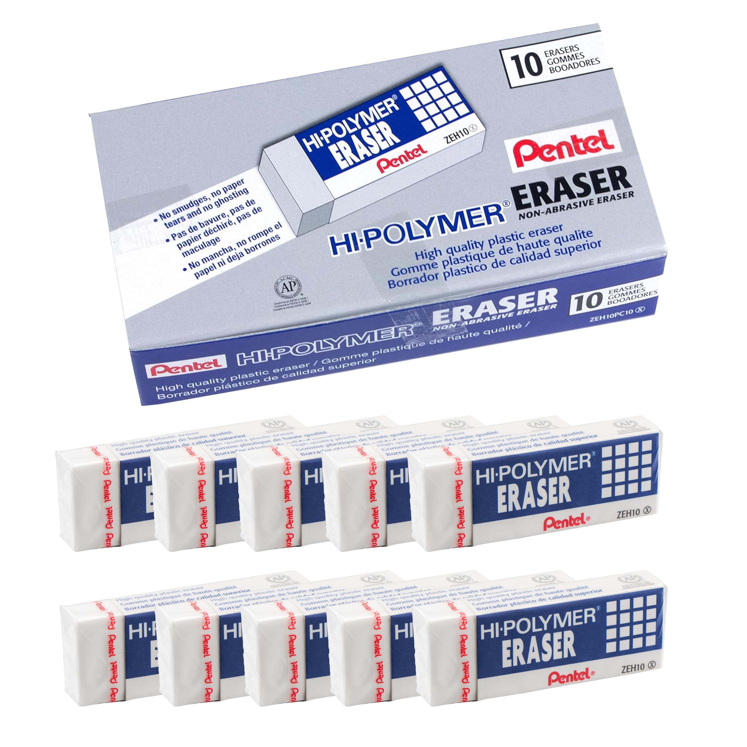Pentel Hi-Polymer Block Eraser, White, 10/Box (ZEH10PC10) - Walmart.com