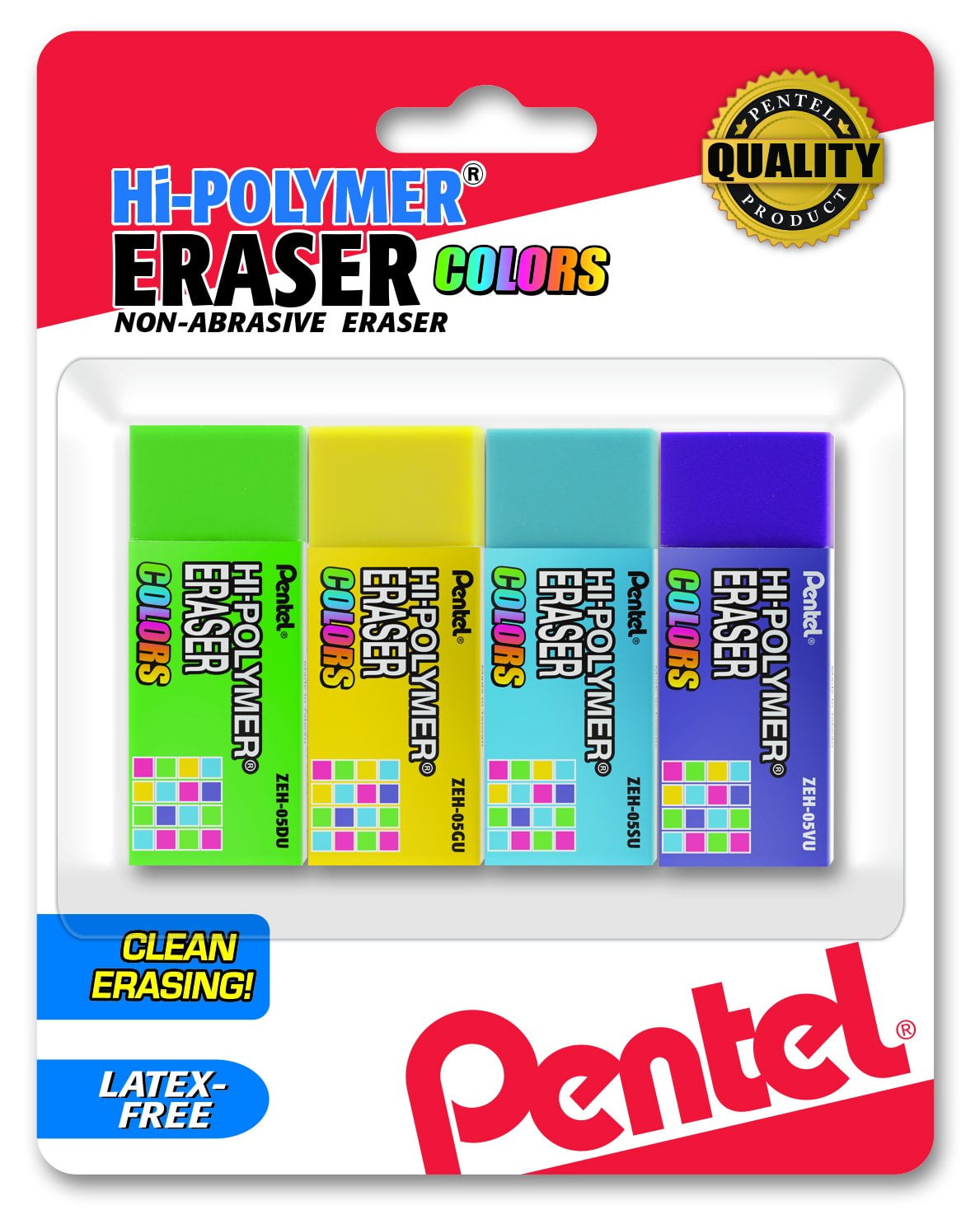 Pentel Hi-Polymer Block Eraser Small, Assorted Colors, Pack of 4  (ZEH05CRBP4M) 