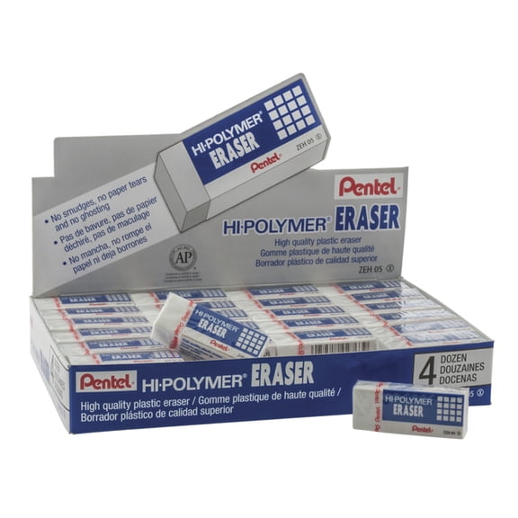 Pentel Hi-Polymer Block Eraser, Small, White, Pack of 48