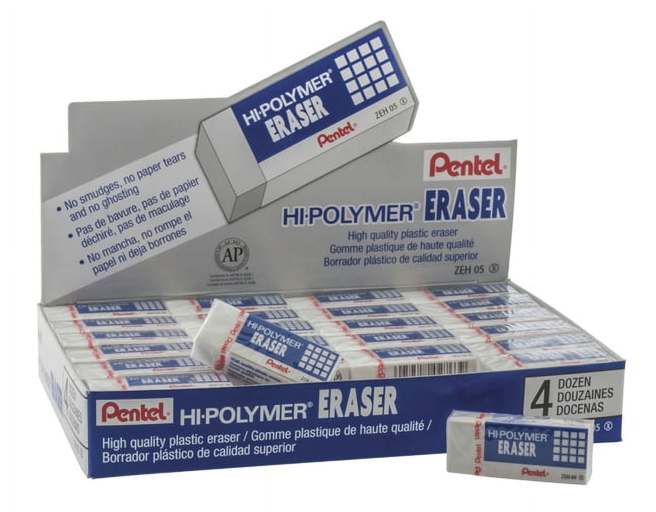 Pentel Hi-Polymer Block Eraser, Small, Box of 48 Erasers (ZEH-05),White