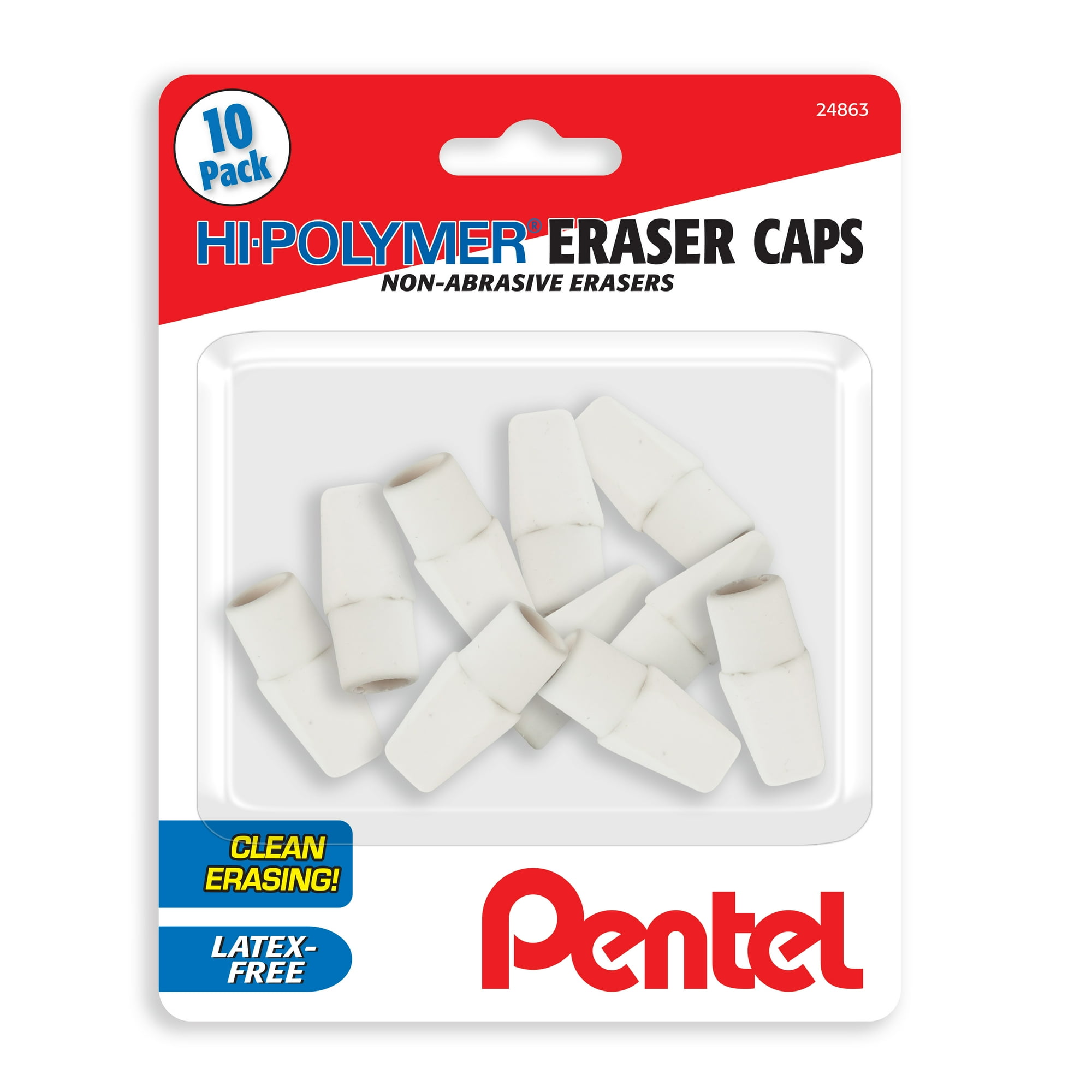 Pentel Hi-Polymer Eraser Caps Non-Abrasive Erasers, 10 Pack