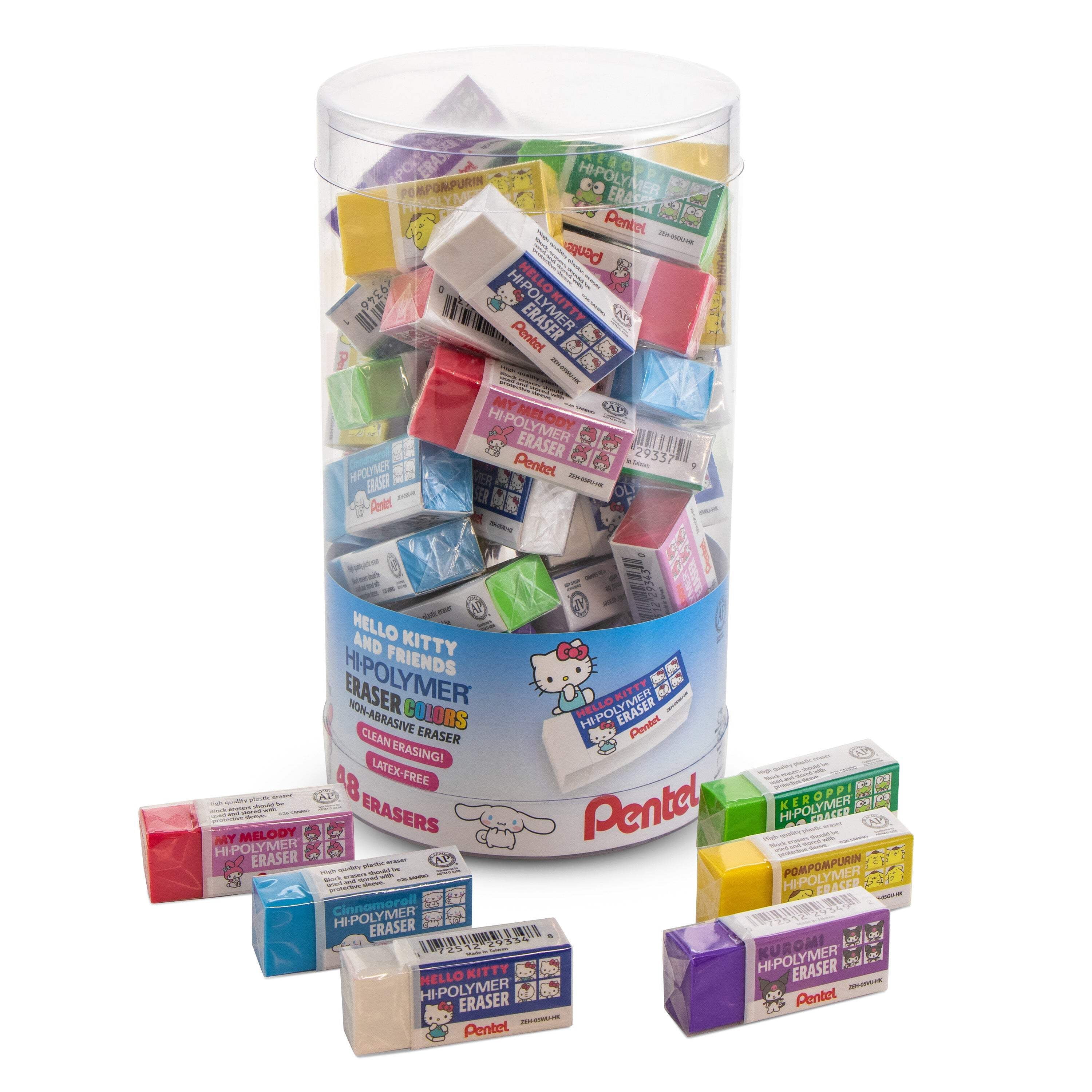 Pentel Hi-Polymer Eraser Colors, Hello Kitty® and Friends, Small Assorted Colors Block Eraser, Canister Display - 48 Pcs