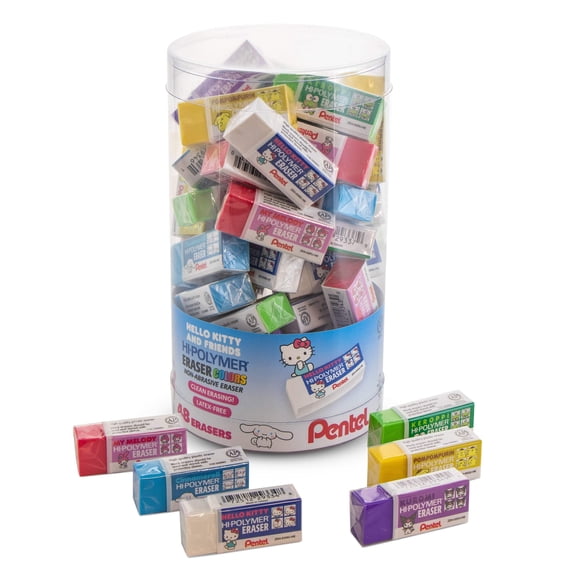 Pentel Hi-Polymer Eraser Colors, Hello Kitty and Friends, Small Assorted Colors Block Eraser, Canister Display - 48 Pcs