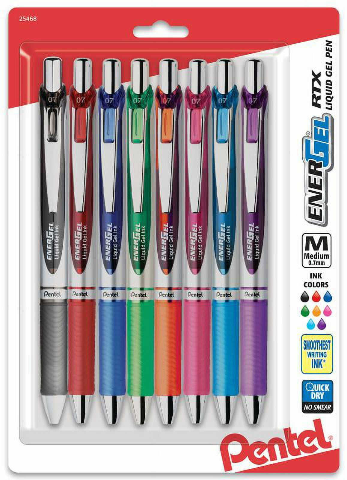 Pentel Liquid Steel Tip Gel Pens - Medium Pen Point - 0.7 mm Pen Point Size - Refillable - Retractable - Assorted Gel-based Ink - Stainless Steel Tip - 8 / Pack | Bundle of 5