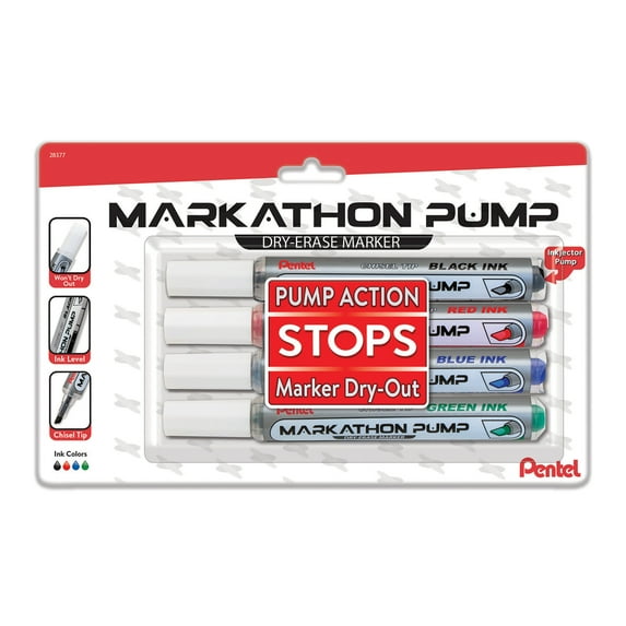 Pentel Markathon Pump Dry Erase Marker, Chisel Tip, Assorted Colors, 4-Pack