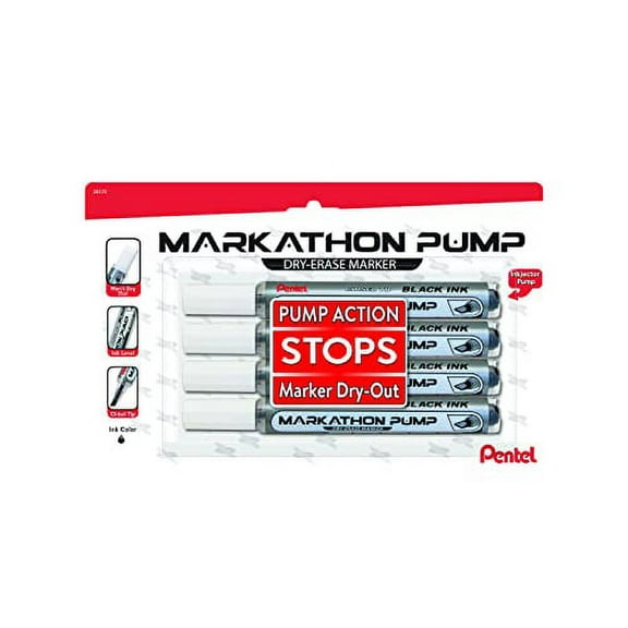 Pentel Markathon Pump Dry Erase Marker, Chisel Tip, Black Ink, 4 Pack (MWL6SXBP4A)