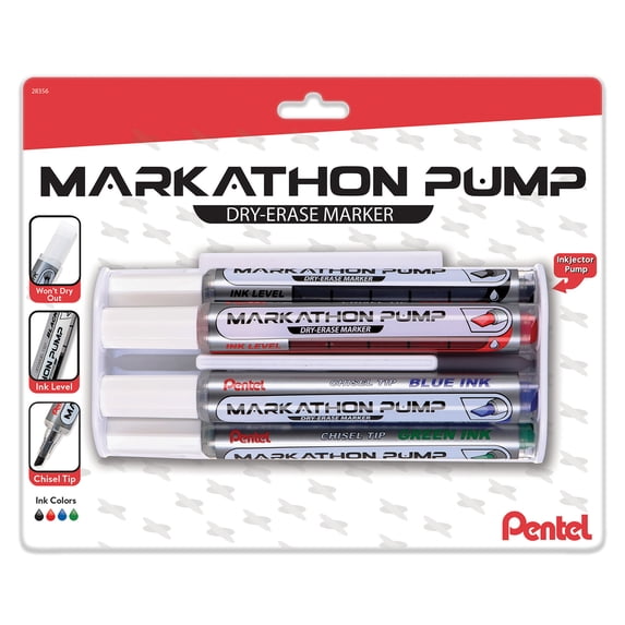 Pentel Markathon Pump Dry Erase Marker, Chisel Tip, Assorted Colors, 4-Pack with Eraser