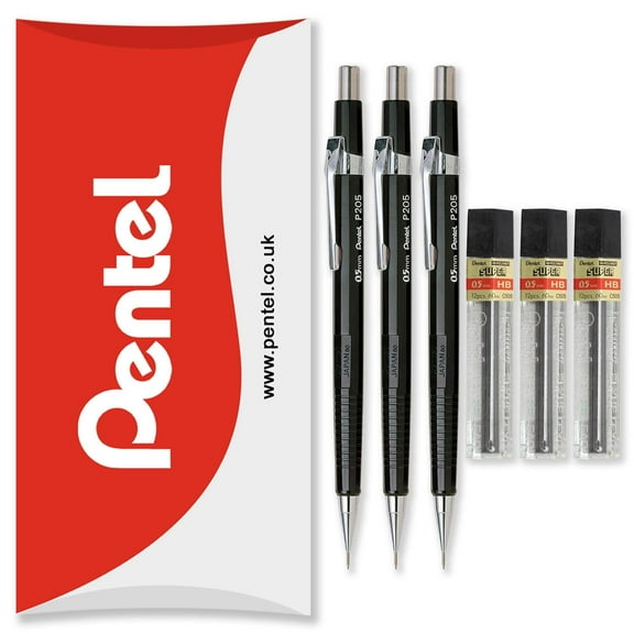 Pentel P205 Automatic Mechanical Pencils - HB Lead - With Refills - Pack of 6 in Pillow Packaging