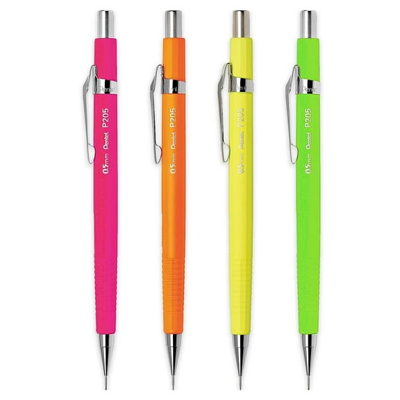 Pentel P205 Series Mechanical Automatic Pencils - 0.5mm - Fluorescent Bright Set - Pack of 4