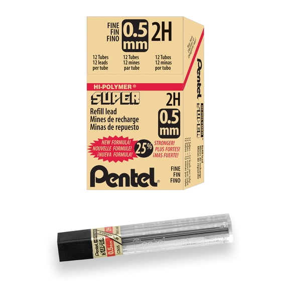 Pentel Super Hi-Polymer Lead Refill (0.5mm) Fine, 2H, 12 Pieces/Tube, 12 Tubes/Box