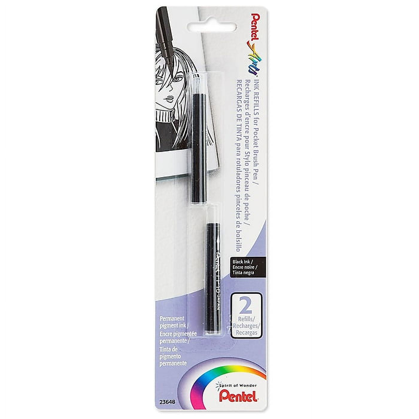 Pentel Refillable Pocket Brush Pen - with 2 Black Ink Cartridges