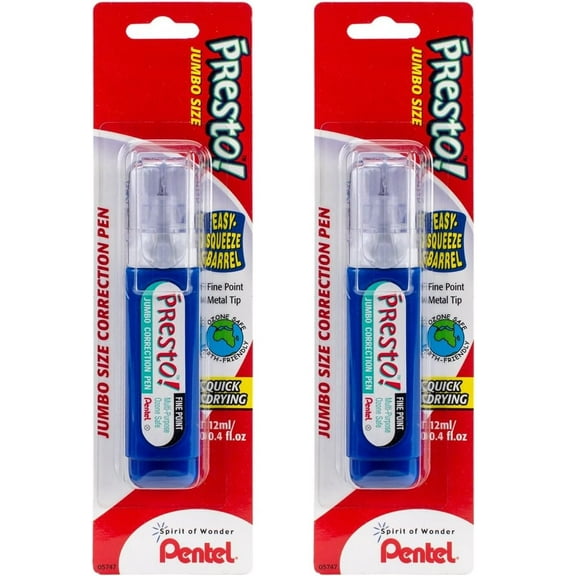 Pentel Presto! Jumbo Correction Pen, Fine Point, Metal Tip, White, 12 ml/0.4 fl.oz. 2 Pack (ZL31WBP-K6)