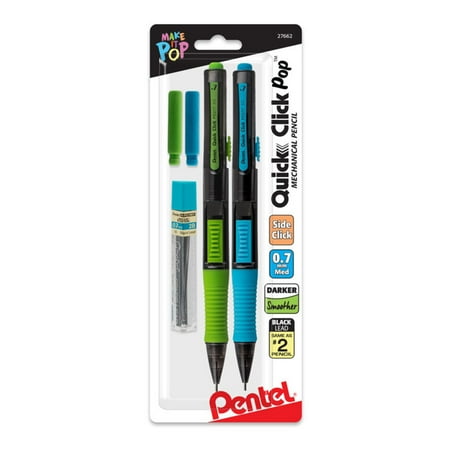 Pentel Quick Click 0.7 Millimeter Medium Hi-Polymer 2B Smoother Mechanical Pencils, 2 Count