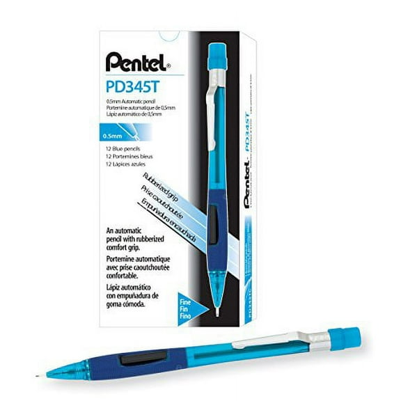 Pentel Quicker Clicker Automatic Pencil, 0.5mm Lead Size, Transparent Blue Barrel, Box of 12 (PD345T-C)