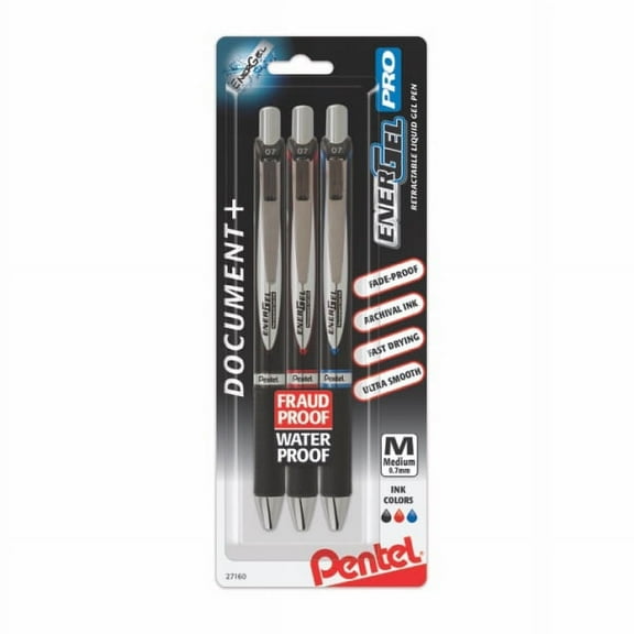 Pentel EnerGel PRO Permanent Gel Pens, Medium Point, 0.7 mm, Black/Blue/Red, Pack Of 3