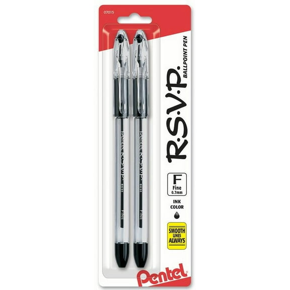 Pentel RSVP Ballpoint Pen, (0.7mm) Fine Line, Black Ink 2-Pk