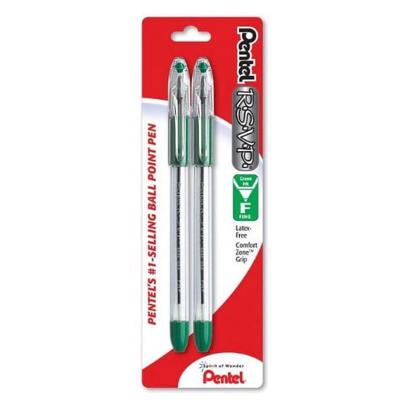 Pentel R.S.V.P. Ballpoint Pen, Fine Line, Green Ink, 2 Pack (BK90BP2D)
