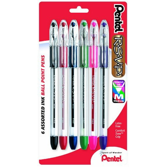 Pentel R.S.V.P. Ballpoint Pen, Medium Line, Assorted Ink, 6 Pack (BK91BP6M)