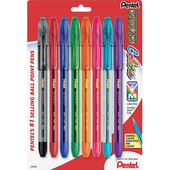 Pentel R.S.V.P. Ballpoint Pen, Medium Point, Assorted Ink Colors, 8 Pack (BK91CRBP8M)
