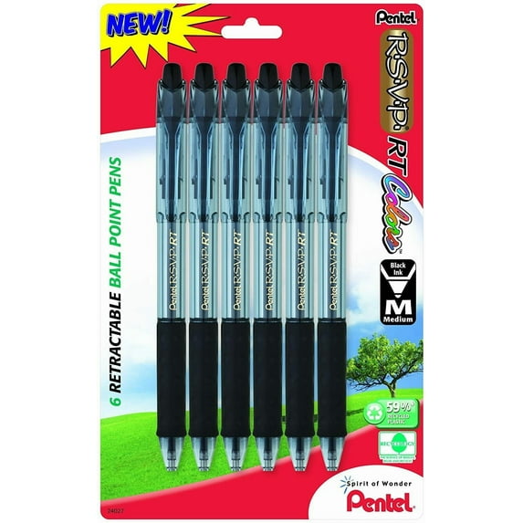 Pentel R.S.V.P. RT Colors New Retractable Ballpoint Pen, Medium Line, Black Ink, 6 Pack (BK93CRBP6A)