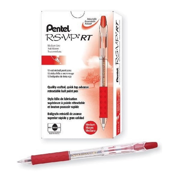 Pentel R.S.V.P. RT Retractable Ballpoint Pen, 1.0mm Tip, Red Ink, Box of 12 (BK93-B) by Pentel