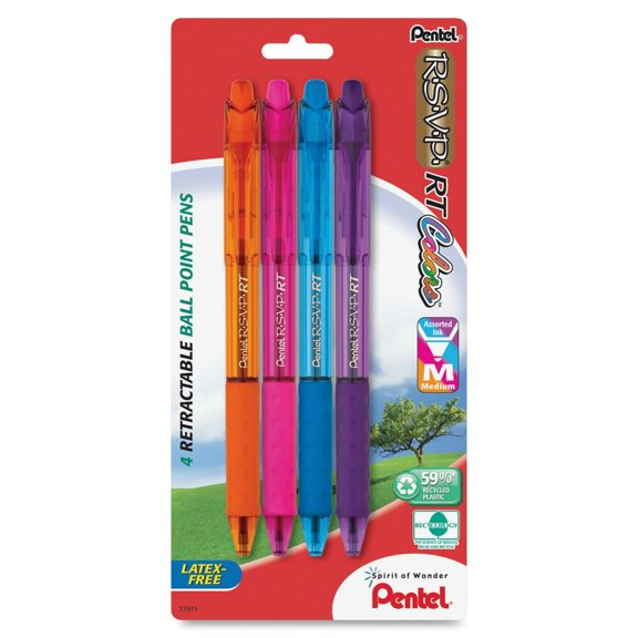 Pentel R.S.V.P. Retractable Ballpoint Medium Point Pen, 4pk, Assorted Colors
