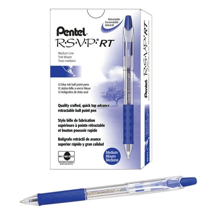 Pentel® R.S.V.P.® RT Retractable Ballpoint Pens, Medium Point, 1.0 mm, 61% Recycled, Transparent Blue Barrel, Blue Ink, Pack Of 12 Pens