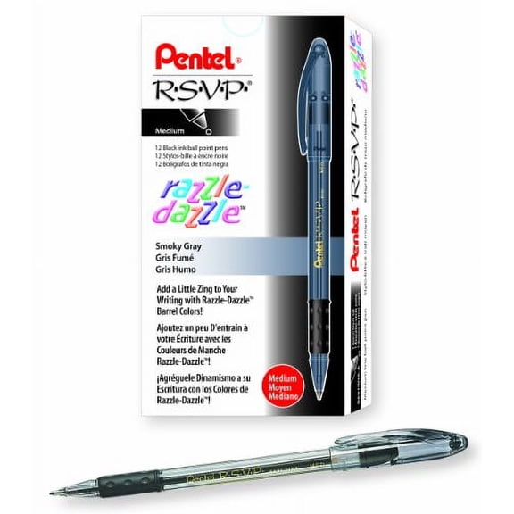 Pentel RSVP Razzle-Dazzle Ballpoint Pen, (1.0mm) Medium Line, Black Barrel, Black Ink, Box of 12 (BK91RDA-A)