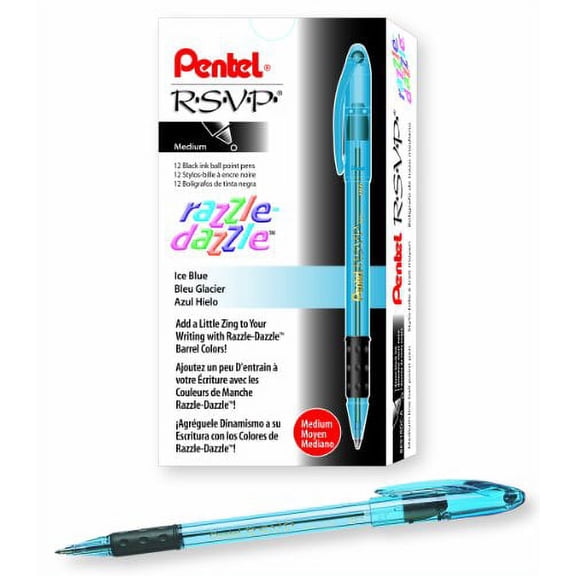 Pentel R S V P Razzle Dazzle Ballpoint Pen Medium Line Blue Barrel Black Ink Box of 12 BK91RDC A