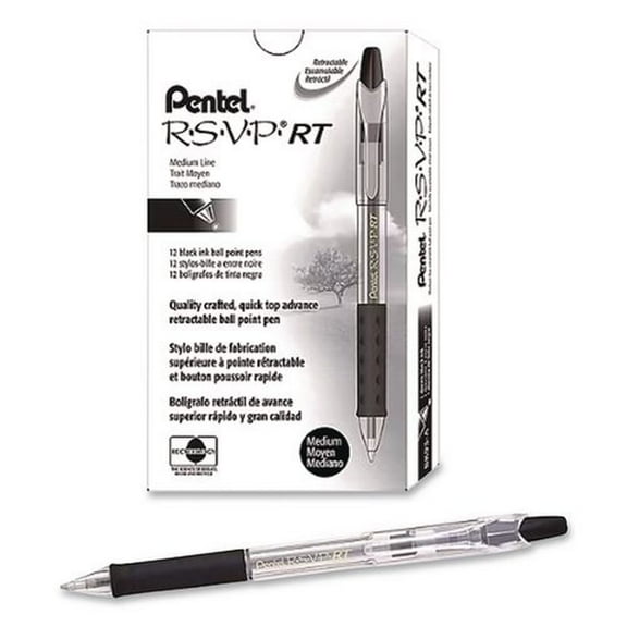 Pentel BX477-A R.S.V.P. Super RT 0.7 mm Medium Retractable Ballpoint Pen - Black Ink, Clear/Black Barrel (1-Dozen)