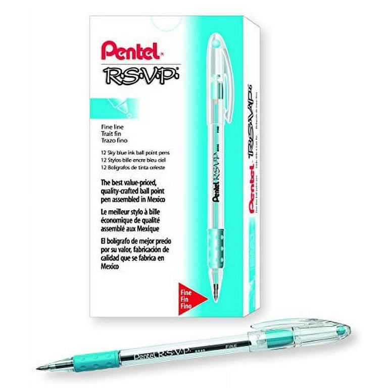 Pentel R.S.V.P. Ballpoint Pen, Sky Blue, Fine Point, 0.7mm, Box of 12