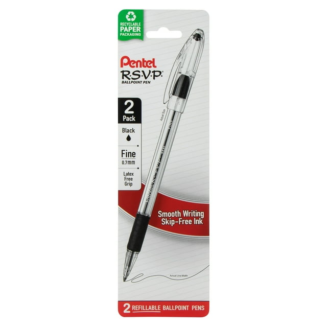 Pentel RSVP Ballpoint Pen, (0.7 mm) Fine Line, Black, 2 Pack