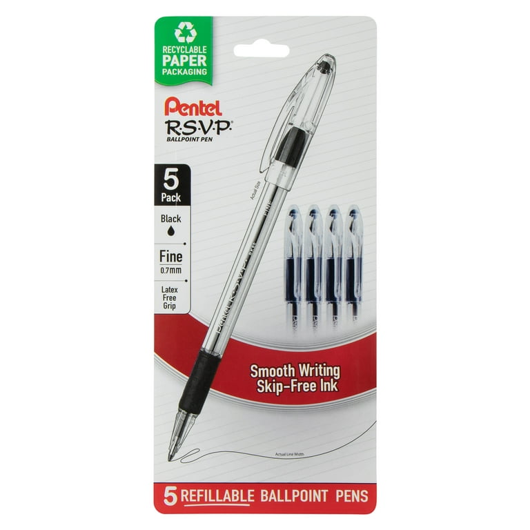 Pentel R.S.V.P. Ballpoint Pens Fine Point 0.7mm Clear Barrel Black Ink Pack  of 5