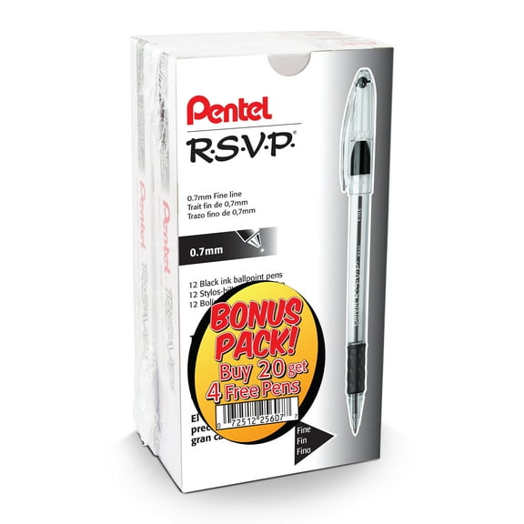 Pentel RSVP Ballpoint Pen, (0.7mm) Fine Line, Black Ink Buy 20, get 4 more FREE  Total of 24 Pens