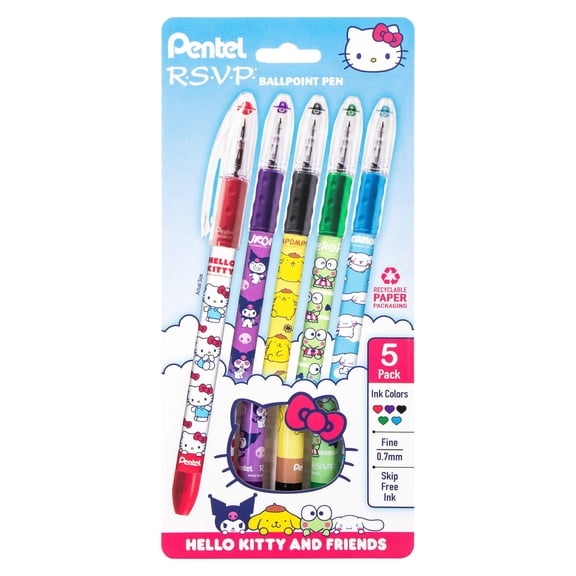 Pentel RSVP Ballpoint Pen, Hello Kitty and Friends, Limited Edition, Mix 1, 0.7mm Fine Line, Assorted Ink, 5-Pk