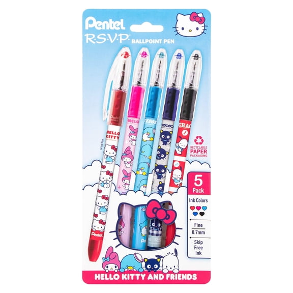 Pentel RSVP Ballpoint Pen, Hello Kitty and Friends, Limited Edition, Mix 2, 0.7mm Fine Line, Assorted Ink, 5-Pk