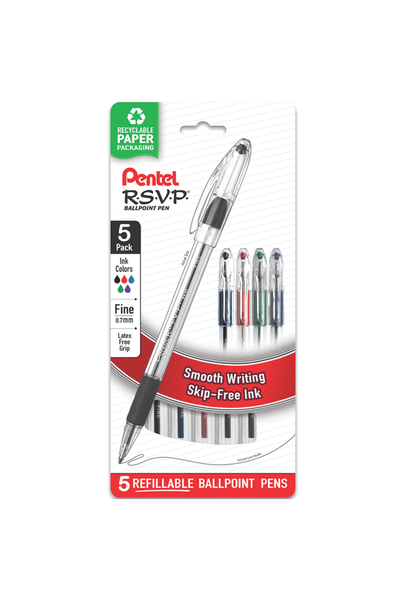 RSVP Ballpoint Pens, Fine Point, 0.7mm, Assorted Ink, 5 count