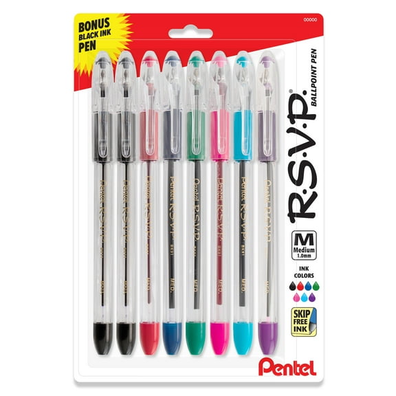 Pentel RSVP Original Ballpoint, (1.0mm) Medium Line, Assorted Colors, Clear Barrel, 8 Pack with 1 Bonus Black