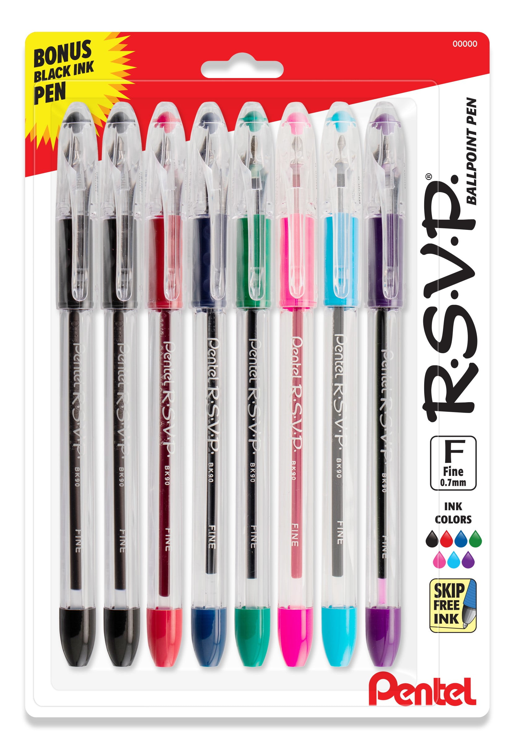 Pentel RSVP Original Ballpoint Pen, (0.7mm) Fine Line, Assorted Ink Colors, Clear Barrel, 8 Pack with Bonus Black Ink Pen