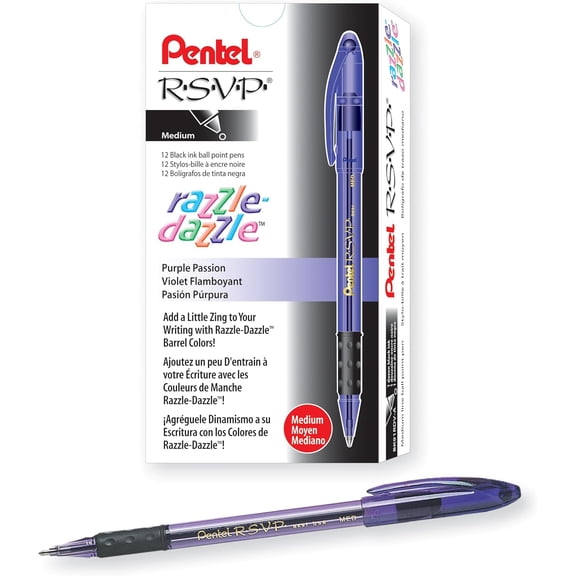Pentel RSVP Razzle-Dazzle Ballpoint Pen, (1.0mm) Medium Line, Violet Barrel, Black Ink, Box of 12 (BK91RDV-A)
