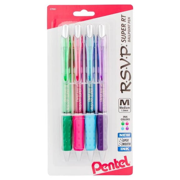 Pentel RSVP Super RT Ballpoint Pen, (1.0mm) Medium Line, Assorted Ink (DPSV), 4-pk - BX480BP4M1