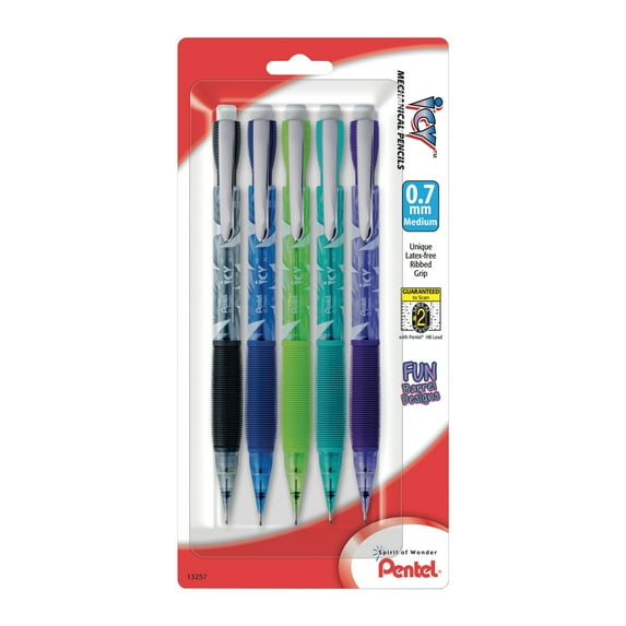 Pentel® Razzle Dazzle™ Icy™ Automatic Pencils, 0.7 mm, Assorted Barrel Colors, Pack Of 5 Pencils