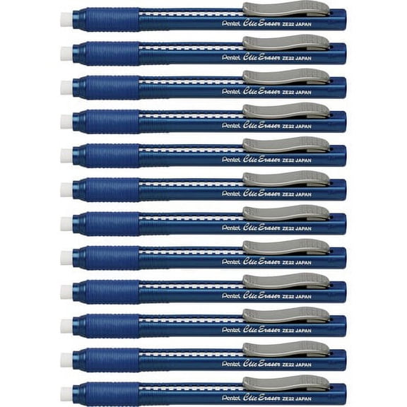 Pentel Rubber Grip Clic Eraser - Blue - Pen - Refillable - 12 / Box - Tear Resistant, Latex-free Grip, Pocket Clip, Ghost Resistant, Scratch Resistant, Retractable | Bundle of 10 Boxes